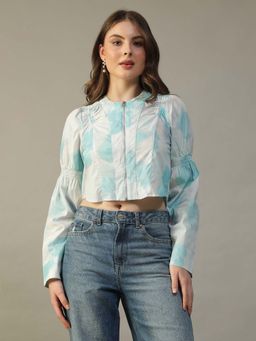 Oxolloxo - Women Blue Tie-Dye Cotton Long Sleeves, Zip Front and Smocking Detail Crop Top