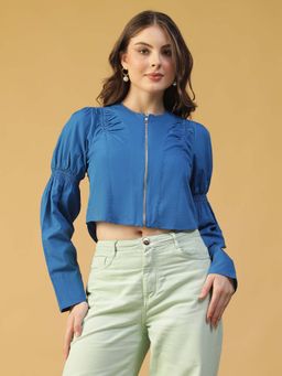 Oxolloxo - Women Solid Blue Cotton Cotton Long Sleeves, Zip Front and Smocking Detail Crop Top