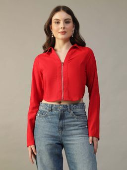 Oxolloxo - Women Red Long Sleeve Cotton Collar, Zip Front and Gather Detail Crop Top