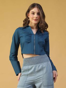 Oxolloxo - Women Blue Long Sleeve Cotton Collar, Zip Front and Gather Detail Crop Top