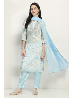 Rangriti - Women Blue Cotton Straight Kurta & Pant with Dupatta (Set of 3)