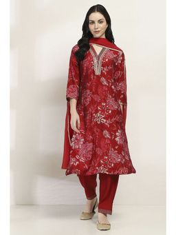 Rangriti - Women Red Viscose Blend Straight Kurta & Pant with Dupatta (Set of 3)