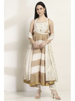 Rangriti - Women Beige Viscose Tiered Kurta & Pant with Dupatta (Set of 3)