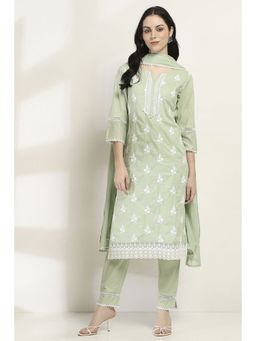 Rangriti - Women Sage Green Cotton Straight Kurta & Pant with Dupatta (Set of 3)