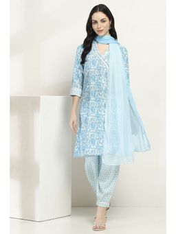 Rangriti - Women Blue Cotton Straight Kurta & Pant with Dupatta (Set of 3)