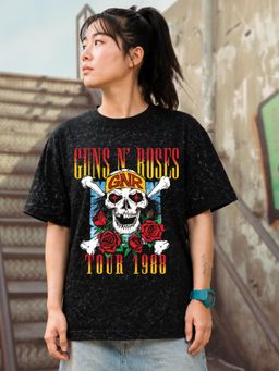 HAZUKU - Welcome to the Jungle Guns N' Roses Cartoon Acid Wash Black T-Shirt
