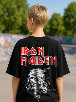 HAZUKU - Women's Black Iron Maiden Eddie Printed Oversized T-Shirt