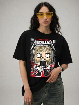 HAZUKU - Women’s Black Metallica James Hetfield Rock Band Printed Print T-Shirt