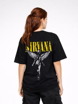 HAZUKU - Women's Black Nirvana Angel Printed Oversized Round Neck T-Shirt