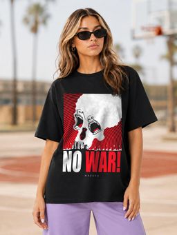 HAZUKU - Women's Black No War Printed Oversized Round Neck T-Shirt