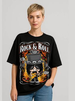 HAZUKU - Women's Black Oversized Rock and Roll Print T-Shirt