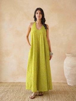 GOODHAND - Women's Green Cotton Printed A-Line Moana Dress
