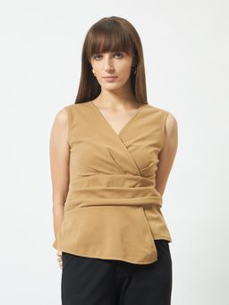 Trend Arrest - Camel Wrap-Front Belted Sleeveless Top