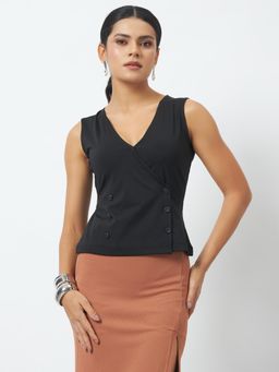 Trend Arrest - Black Wrap Button Detail Top