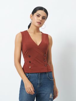 Trend Arrest - Brown Wrap Button Detail Top