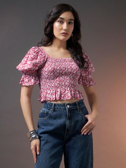 Trend Arrest - Red Puff Sleeve Smocked Crop Top