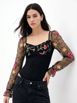 Outzidr - Black Sweetheart Neckline Bodysuits With Sheer Sleeves