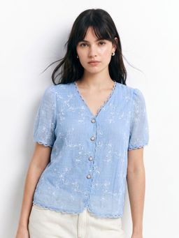 Outzidr - Blue Scallop Lace Neck Inserts Relaxed Top