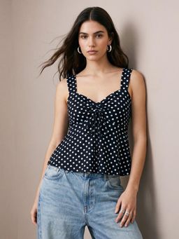 Outzidr - Black Polka Dotted Sweetheart Neckline Peplum Top