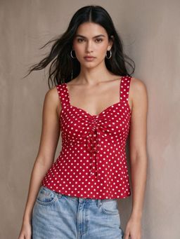 Outzidr - Red Polka Dotted Sweetheart Neckline Peplum Top