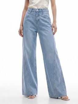 Outzidr - Blue Flared Sequined Denim Jeans