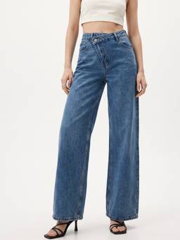Outzidr - Blue Washed And Tinted Wide Leg Denim Jeans
