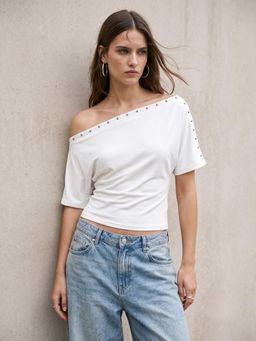 Outzidr - White One Shoulder Studded Waist Fitted Top