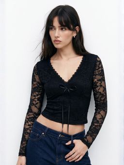Outzidr - Black V Neck Sheer Lace Sleeved Top