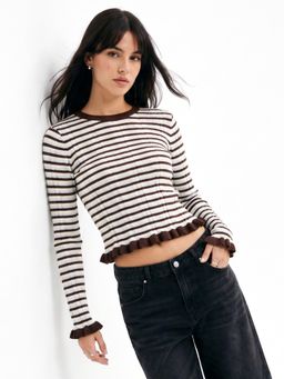 Outzidr - Brown Crew Neck Striped Top