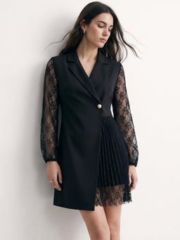 Outzidr - Black Collared Lapel Blazer Dress