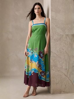 Outzidr - Green Spaghetti Strap Floral Printed Dress