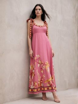 Outzidr - Pink Shoulder Tie-Up Printed Dress