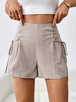Outzidr - Beige High Waisted Side Gladiator Tie Up Shorts