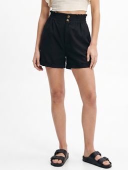 Outzidr - Black 2 Buttoned Paper Bag Shorts