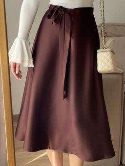 Outzidr - Brown High Waist Tie-Up Solid/Plain Skirt