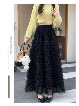 Outzidr - Black Textured A-Line Long Skirt