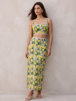 Outzidr - Green Floral Printed Skirt Set