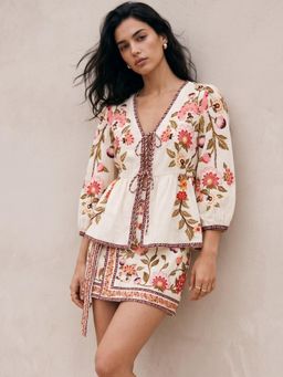 Outzidr - Women's Printed Bishop Sleeve Front Tie-Up Co-Ord Set