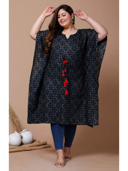 Miravan - Women Plus Size Navy Blue Printed Flared Sleeves Kaftan