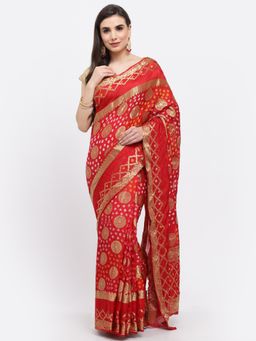 KISHORI - Women Bandhani With Zari Weaving Silk Saree & Blouse Red with Unstitched
