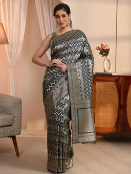 Libas - Teal Zig Zag Woven Design Saree with Woven Design Border