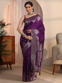 Libas - Wine Ethnic Motif Woven Design Saree with Woven Design Border