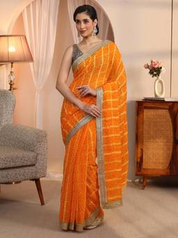 Libas - Mustard Bandhani Self Design Saree with Zari Lace Border