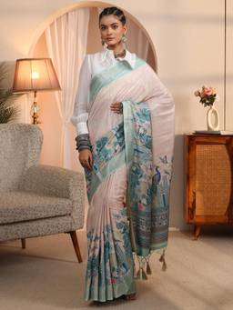 Libas - Beige Floral Zari Printed Saree with Woven Design Border