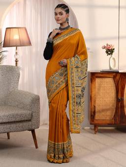 Libas - Mustard Solid Saree with Mirror Work Printed Border