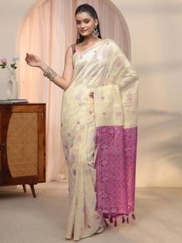 Libas - Beige Floral Woven Design Saree
