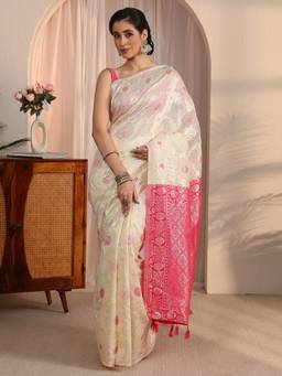 Libas - Beige Floral Woven Design Saree