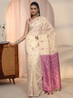 Libas - Beige Floral Woven Design Saree