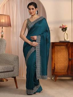 Libas - Teal Stone Work Embellished Saree with Embroidered Border