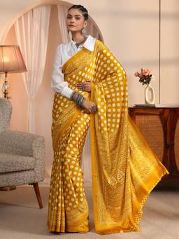 Libas - Mustard Polka Dot Printed Saree